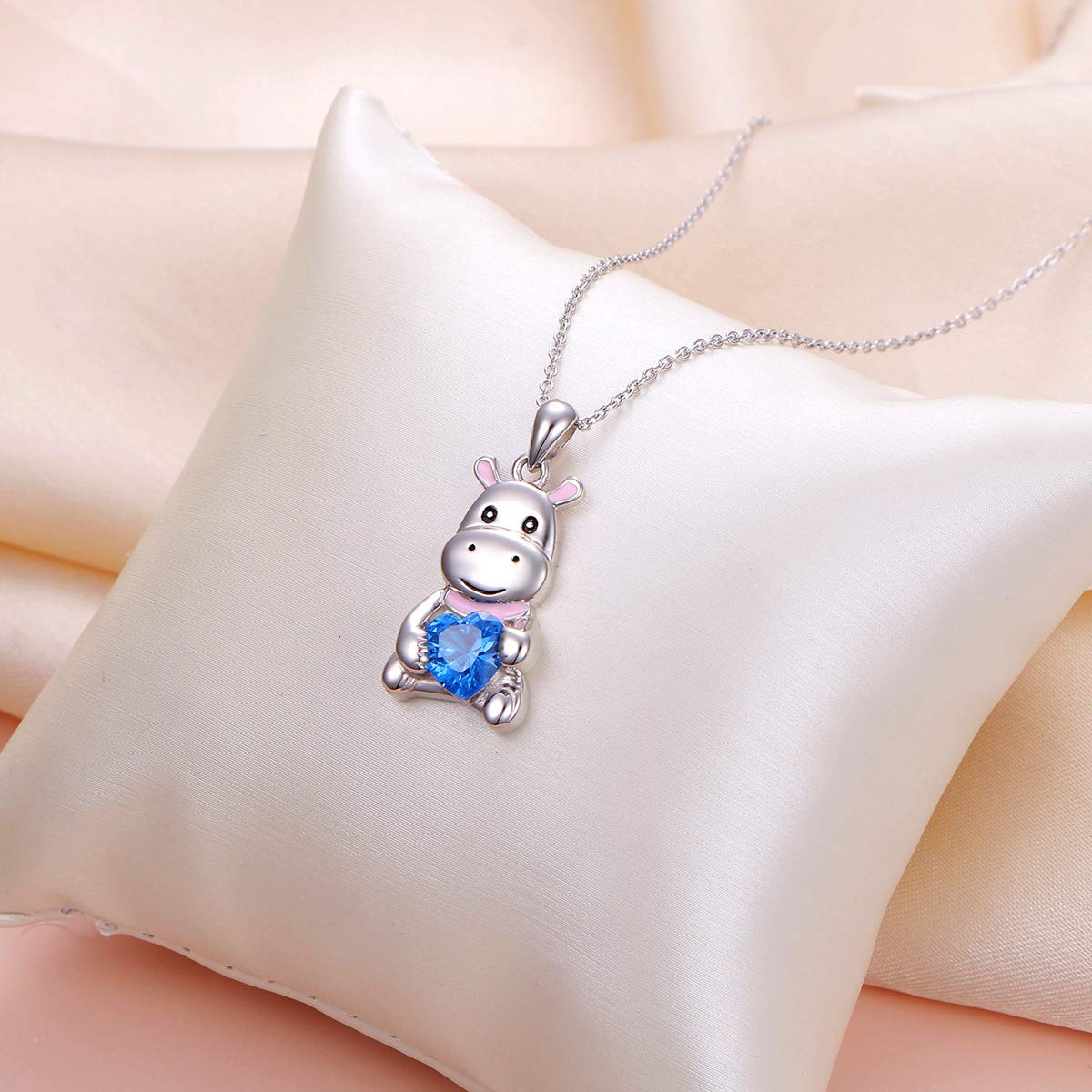 Ladytree S925 Sterling Silver Cute Animal Hippo Hippopotamus Blue Cubic Zirconia Love Heart Pendant Necklace Gifts for Women Teenager