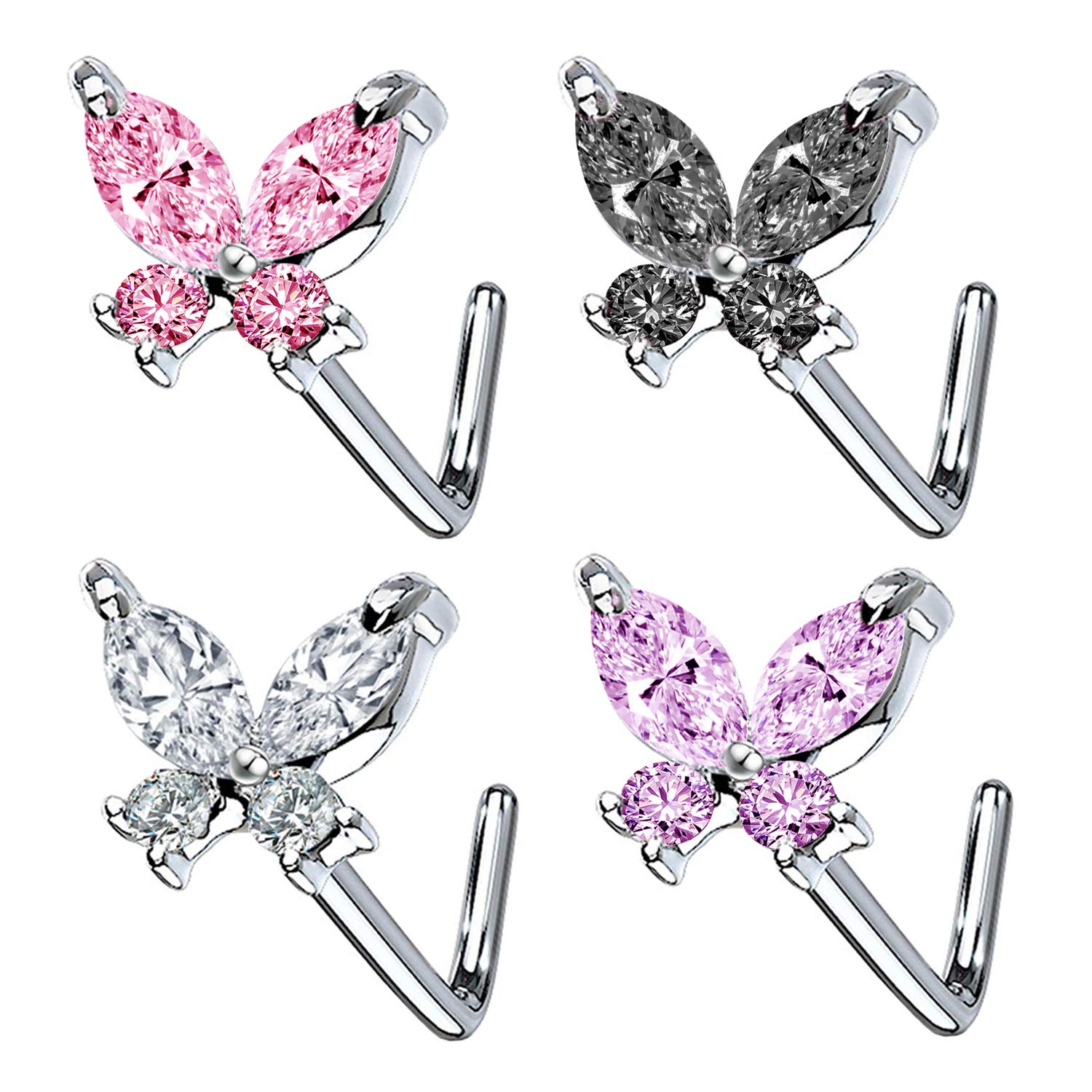 CHARM ONLINE CZ Butterfly Flower Nose Stud Top L Bend Stud Nose Ring 20G L Shaped Nose Studs Nose Hoop Rings Nose Body Piercing for Women Men