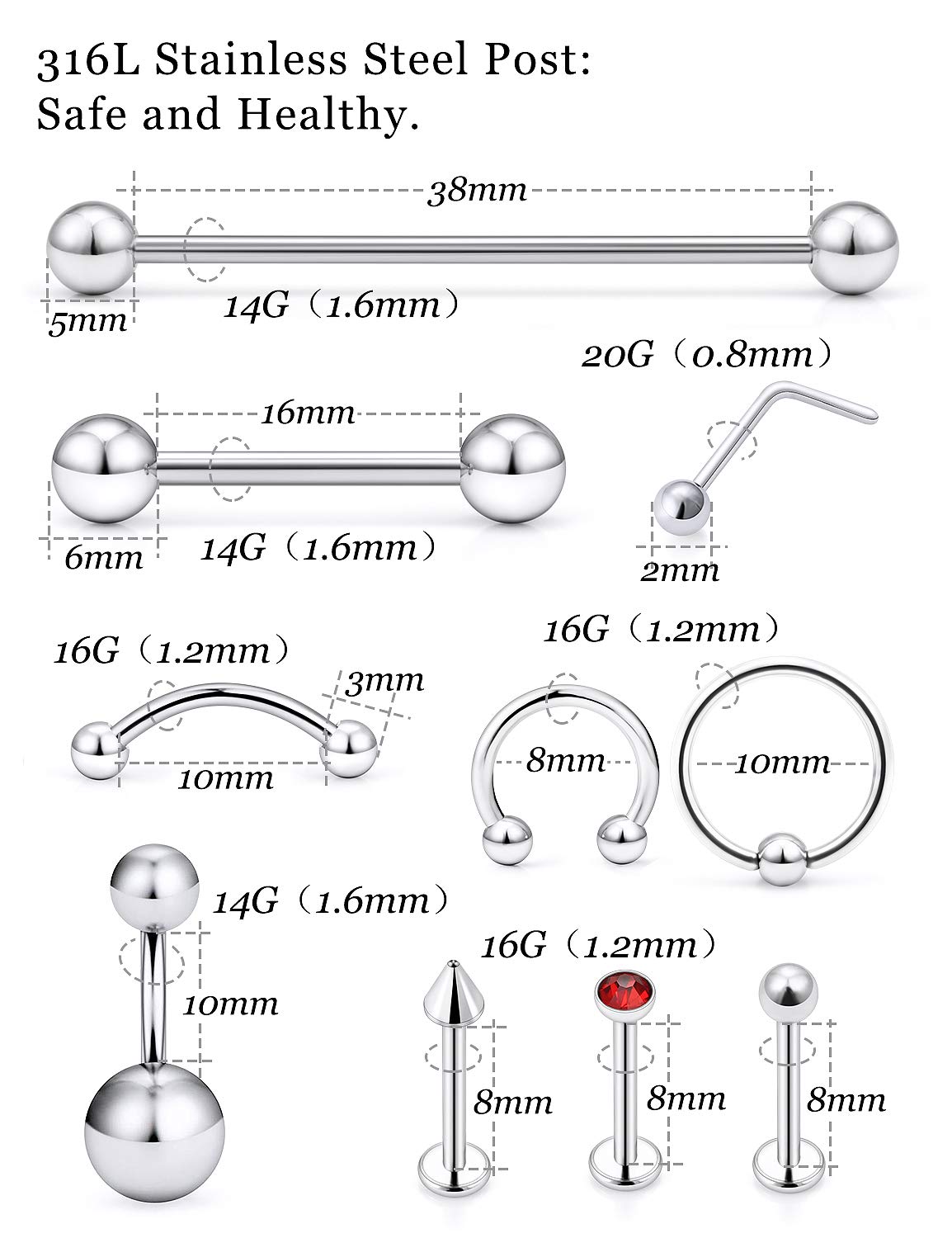 Vsnnsns 14G-20G Body Jewelry Piercing Lot Stainless Steel Nose Horseshoe Lip Tongue Eyebrow Septum Ring Cartilage Tragus Earrings Navel Belly Button Rings Barbells Body Piercing Jewelry Silver 72Pcs