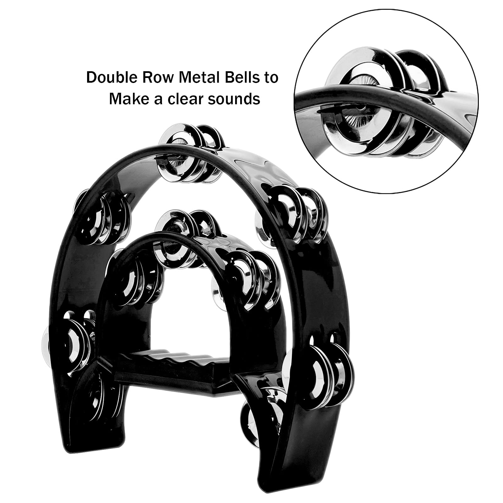 Musfunny Tambourine Double Row Metal Jingles Hand Held Percussion Half-Moon Tambourines Musical Instrument Gifts for Kids, Adults, Party - Black