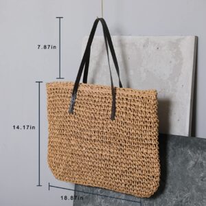 Straw Bag Women Straw Woven Tote Large Beach Handmade Weaving Shoulder Bag Handbag (2 in 1 style-Khaki)