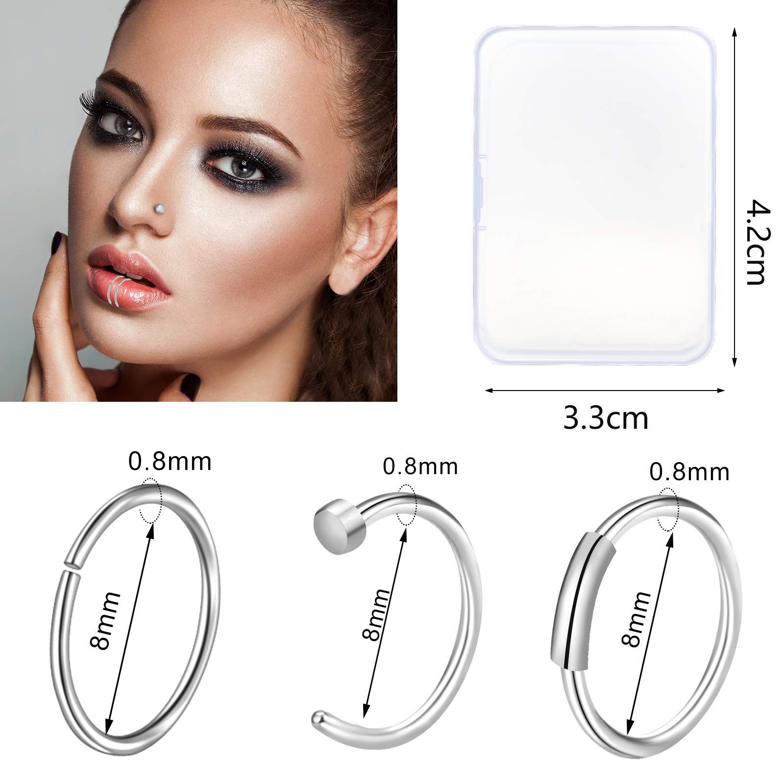 Hicdaw Nose Rings, 60 Pcs Nose Rings for Women 20G Nose Studs Hoop Jewelry Surgical Steel Nose Ring (Silver)