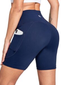 baleaf women's 6" high waisted biker shorts gym workout yoga running athletic spandex shorts with pockets dark blue l