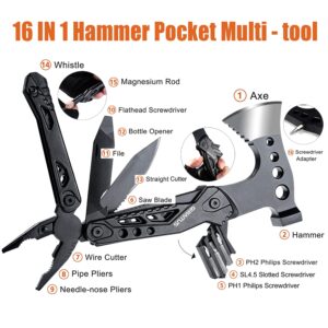 Camping Multitool Accessories Gifts for Men Dad 16 in 1 Upgraded Multi Tool Survival Gear with Axe Hammer Pliers Saw Screwdrivers Bottle Opener Whistle & Portable Sheath For Hiking,Fishing