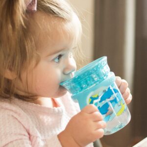 Nuby 360 Edge 2 Stage Drinking Rim Cup with Removable Handles & hygienic Cover: 8 Oz/ 240 Ml, 12M+, Dolphins, Aqua (80818)