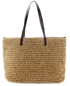 straw bag women straw woven tote large beach handmade weaving shoulder bag handbag (2 in 1 style-khaki)