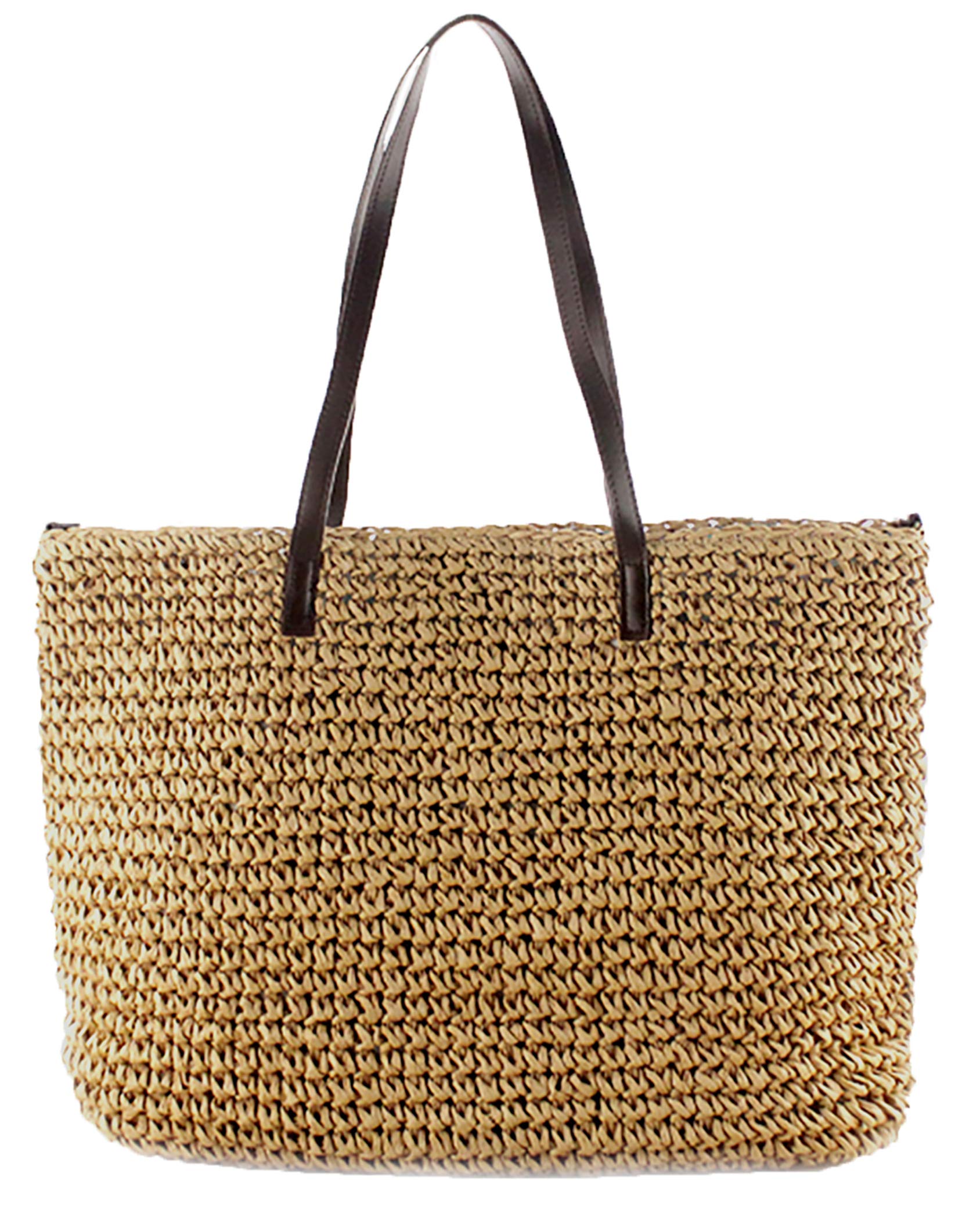 Straw Bag Women Straw Woven Tote Large Beach Handmade Weaving Shoulder Bag Handbag (2 in 1 style-Khaki)