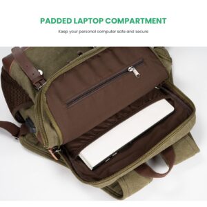 Modoker Vintage Backpack for Men Women, Canvas Bookpack Fits Most 15.6 Inches Computer and Tablets, Rucksack Backpack with USB Charging Port, Army Green