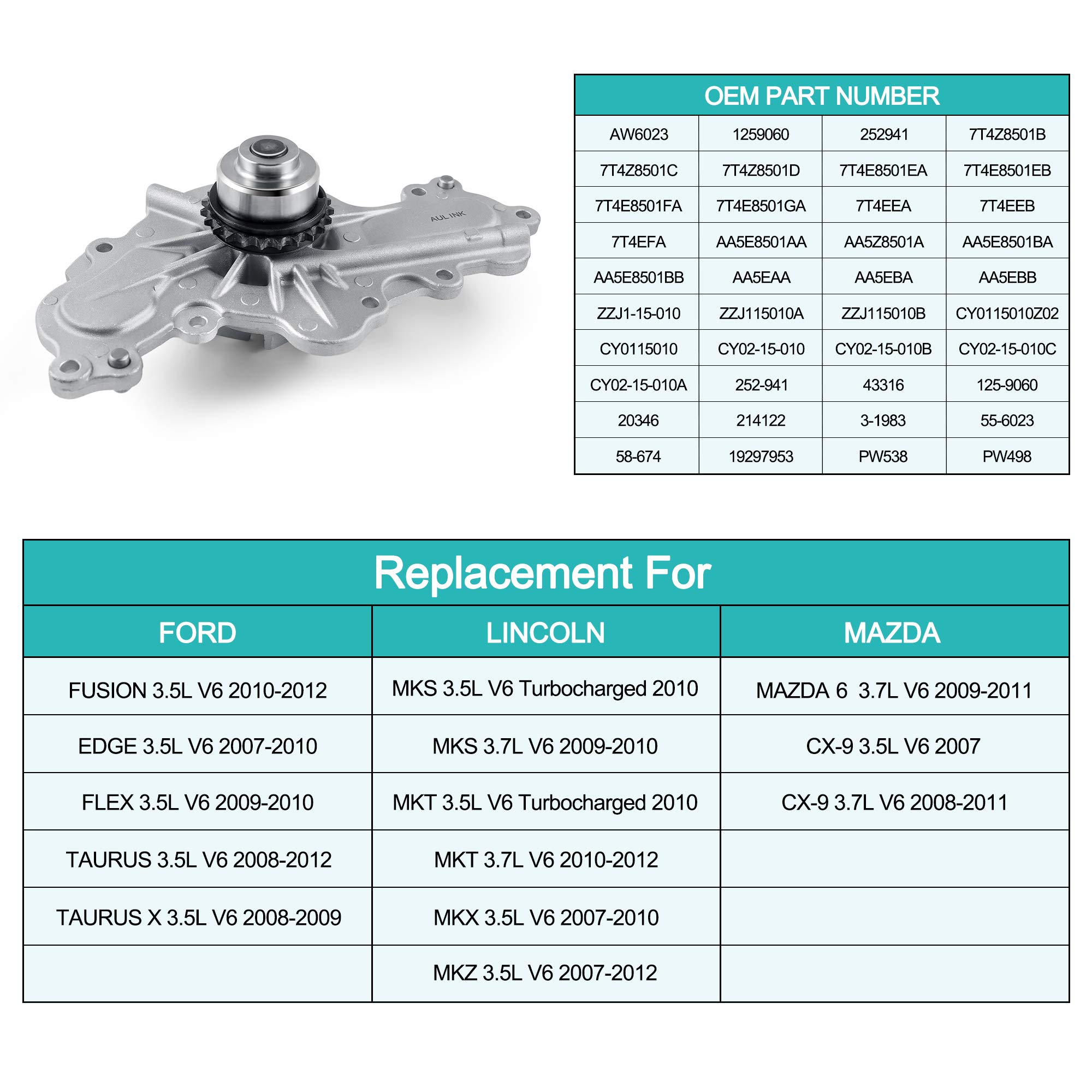 AULINK AW6023 Water Pump OE Replacement for 07-10 Ford Edge + Lincoln MKX, 09-10 Flex + MKS, 10-12 Fusion + MKT, 08-12 Taurus, 07-12 MKZ, 09-11 Mazda 6 & 07-11 CX9 V6 3.5L 3.7L