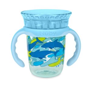 nuby 360 edge 2 stage drinking rim cup with removable handles & hygienic cover: 8 oz/ 240 ml, 12m+, dolphins, aqua (80818)