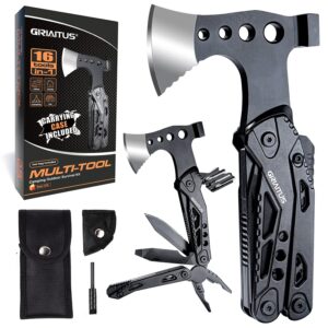 camping multitool accessories gifts for men dad 16 in 1 upgraded multi tool survival gear with axe hammer pliers saw screwdrivers bottle opener whistle & portable sheath for hiking,fishing