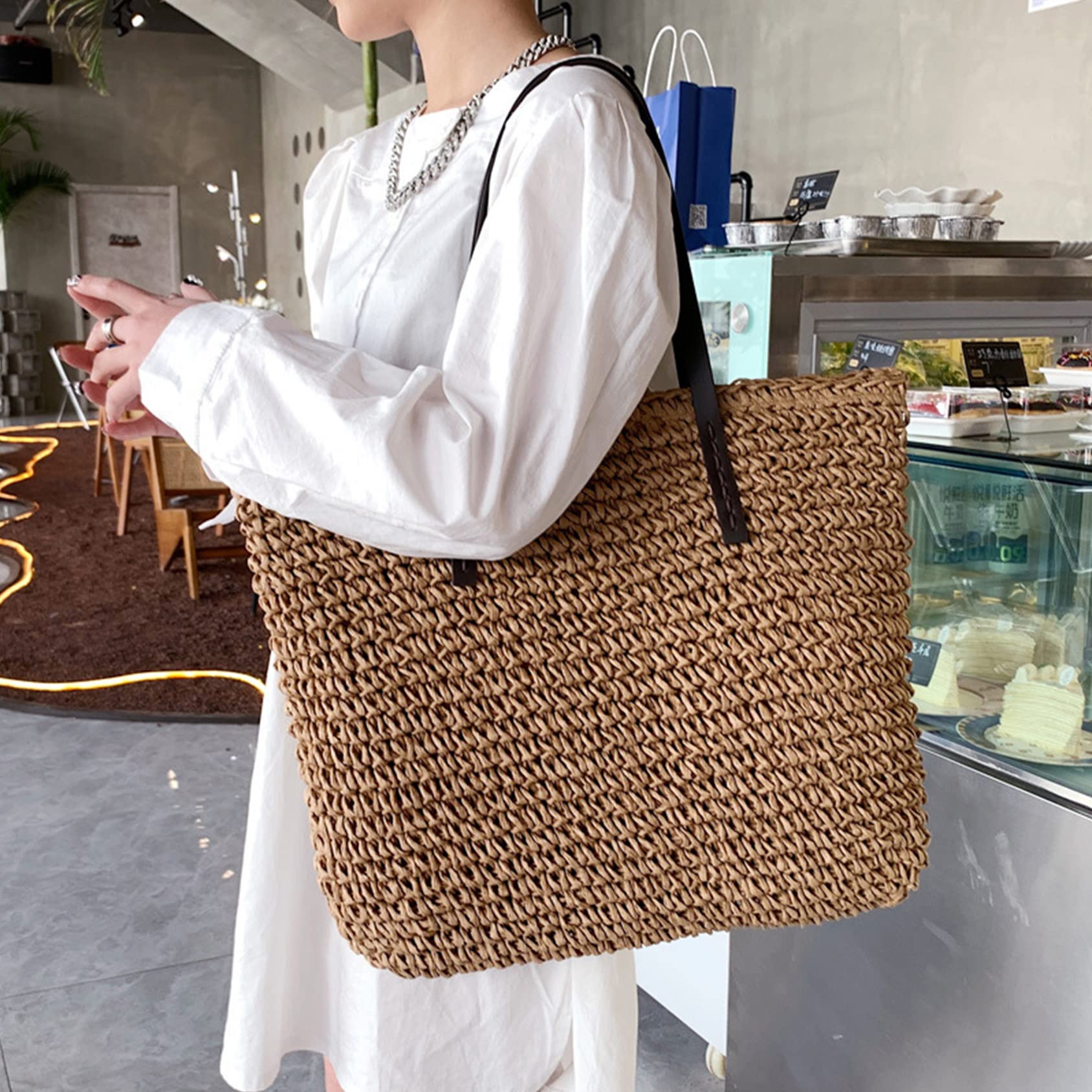 Straw Bag Women Straw Woven Tote Large Beach Handmade Weaving Shoulder Bag Handbag (2 in 1 style-Khaki)