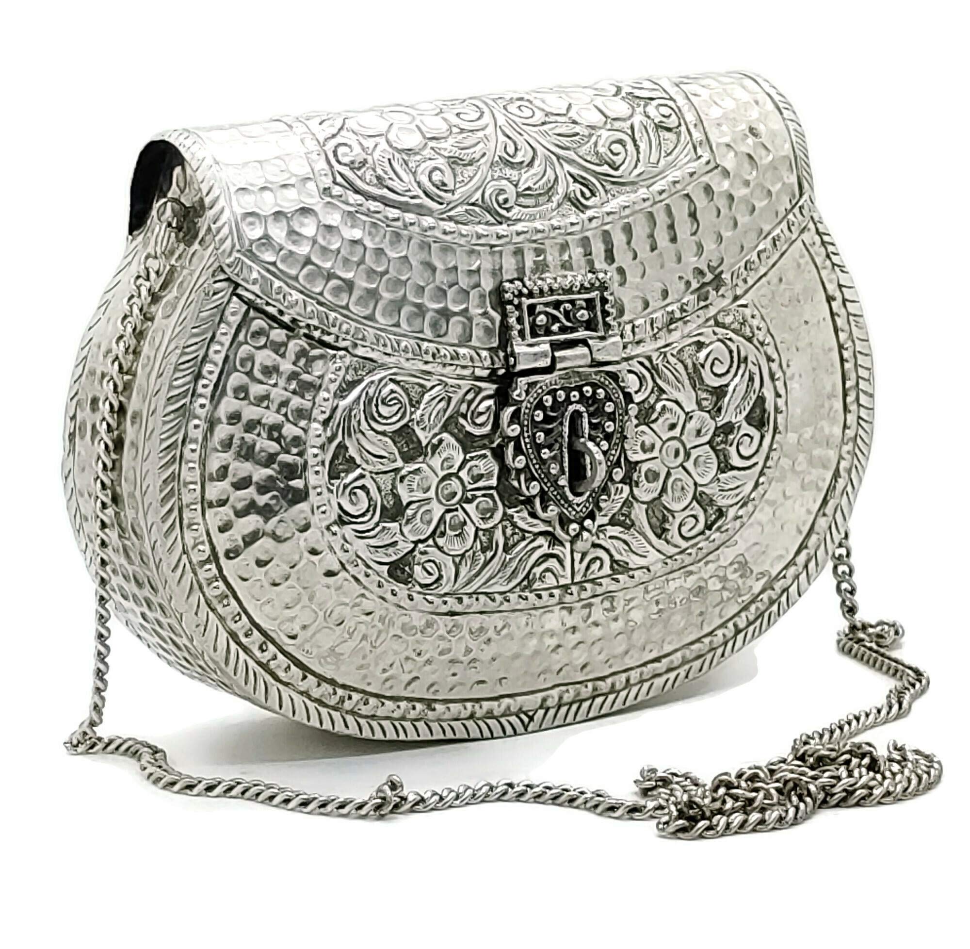 Jiya Indian Brass Handmade Bridal Women's Antique Brass Purse Ethnic Metal Clutch Gift (Silver)