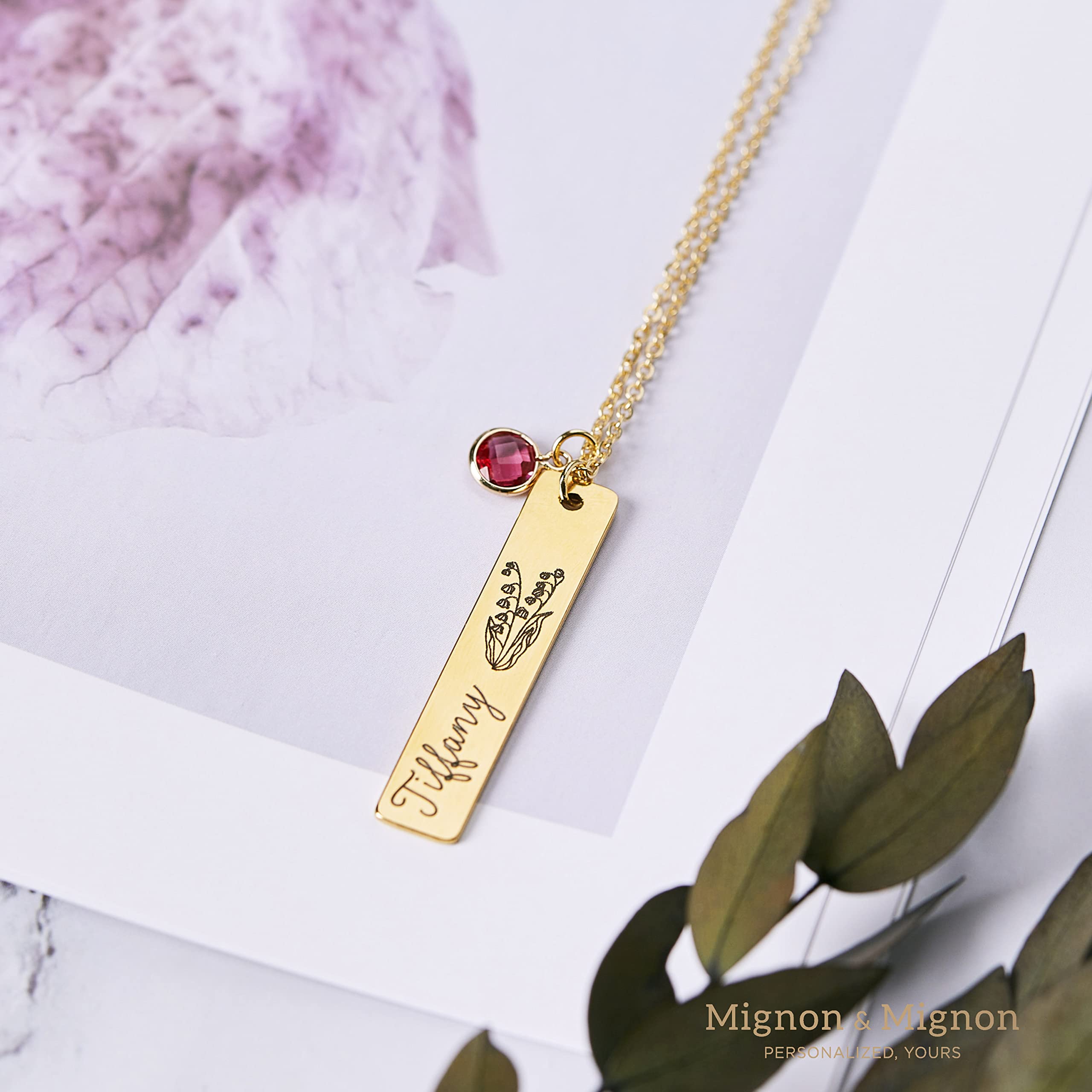 MignonandMignon Flower Birthstone Gold Name Graduation Necklace 2021 Personalized Gift for Her Bar Necklace Mothers Day Gift Floral Jewelry Personalized Jewelry - 8N-FLBS-G