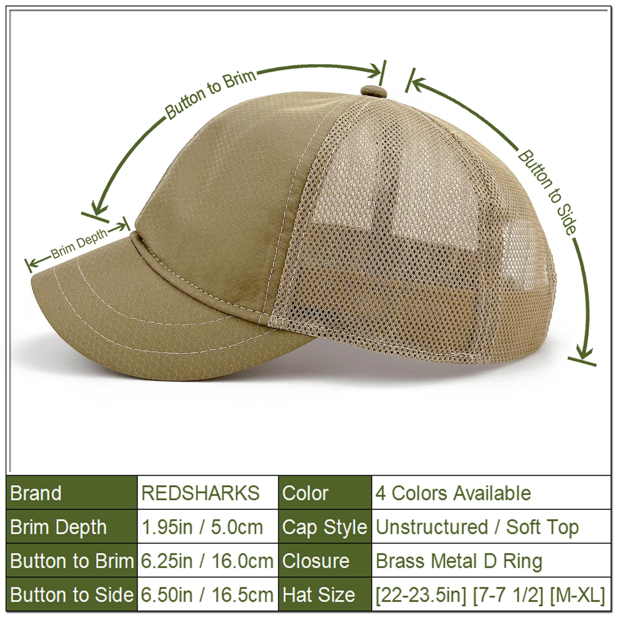 REDSHARKS mens Short Bill Quick Dry Brim Mesh Back Trucker Baseball Dad Cap, Khaki, 7