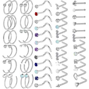 Hicdaw Nose Rings, 60 Pcs Nose Rings for Women 20G Nose Studs Hoop Jewelry Surgical Steel Nose Ring (Silver)