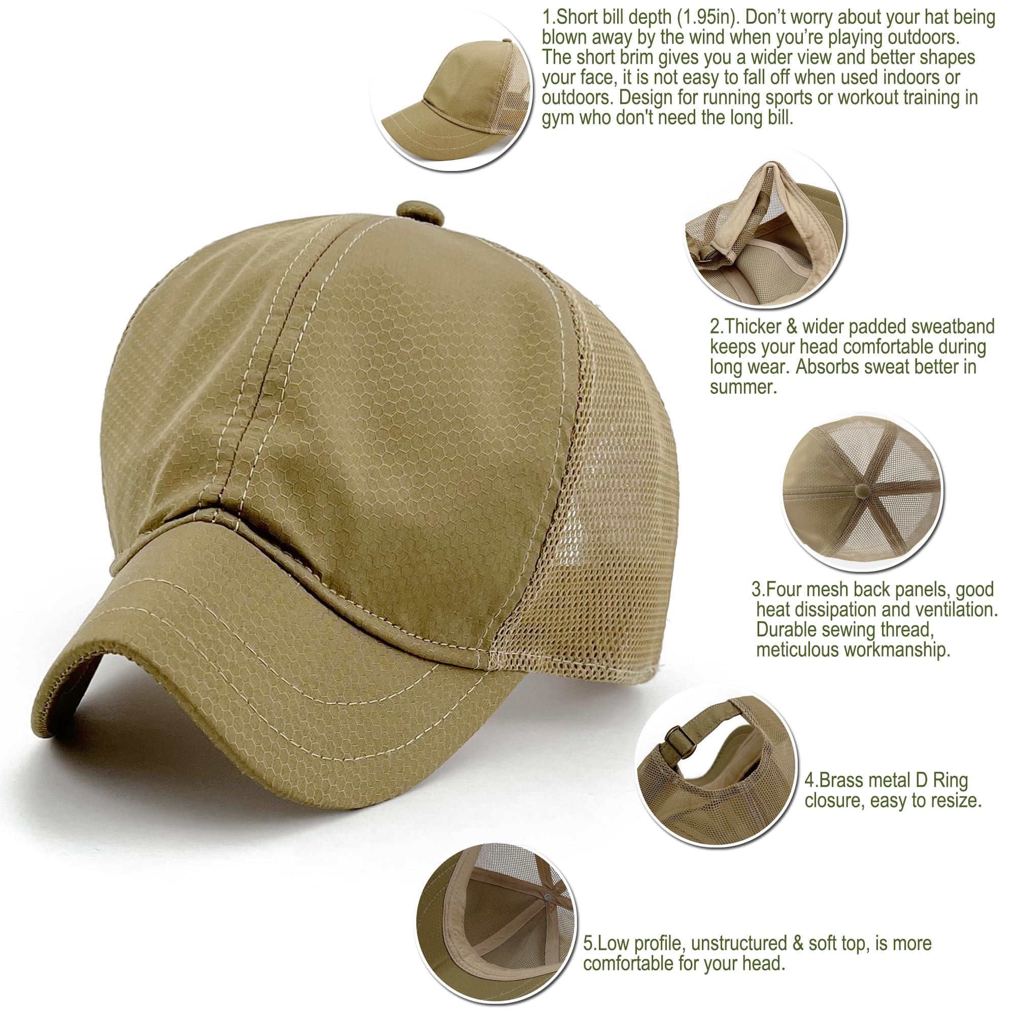 REDSHARKS mens Short Bill Quick Dry Brim Mesh Back Trucker Baseball Dad Cap, Khaki, 7