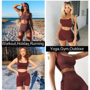 BUSCANDO Yoga Workout Outftis Sets for Women 2-Piece Shorts-Seamless Ribbed High Waist Athletic Leggings+Sports Bra Gym Clothes Sets (Brown, l)