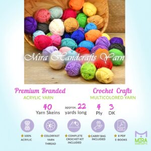 Premium Crochet Yarn Kit | 40 Colorful Acrylic Yarns (875 Yards), All Crocheting and Knitting Supplies for Yarn Crafts, and Books for Design Inspirations | Ideal Starter Set for Beginners and Adults