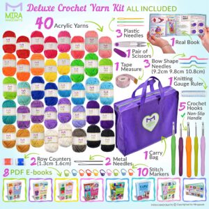 Premium Crochet Yarn Kit | 40 Colorful Acrylic Yarns (875 Yards), All Crocheting and Knitting Supplies for Yarn Crafts, and Books for Design Inspirations | Ideal Starter Set for Beginners and Adults