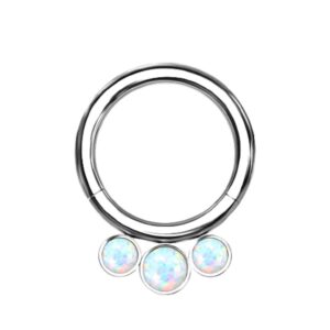 pierced owl 16ga g23 implant grade titanium triple bezel set synthetic opal lined hoop cartilage helix daith septum hinged segment ring (white, 10mm diameter)