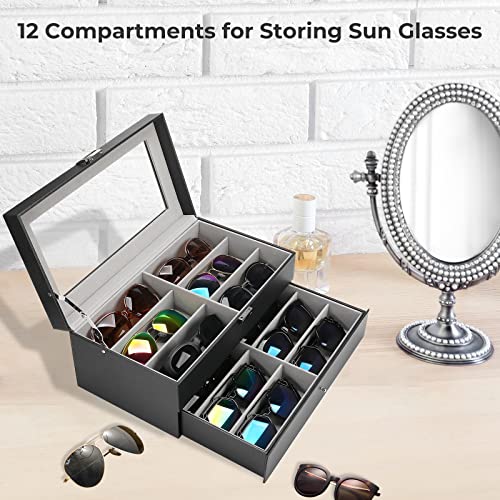 ProCase Sunglass Organizer for Dad Gift, 12 Slots Multiple Glasses Organizer Multi Leather Eyeglass Display Case -Black