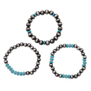 Rosemarie & Jubalee Women's Set of 3 Western Metallic Bead And Howlite Stone Stretch Bracelets, 6.75" (Metallic Gunmetal Silver With Turquoise Beads)