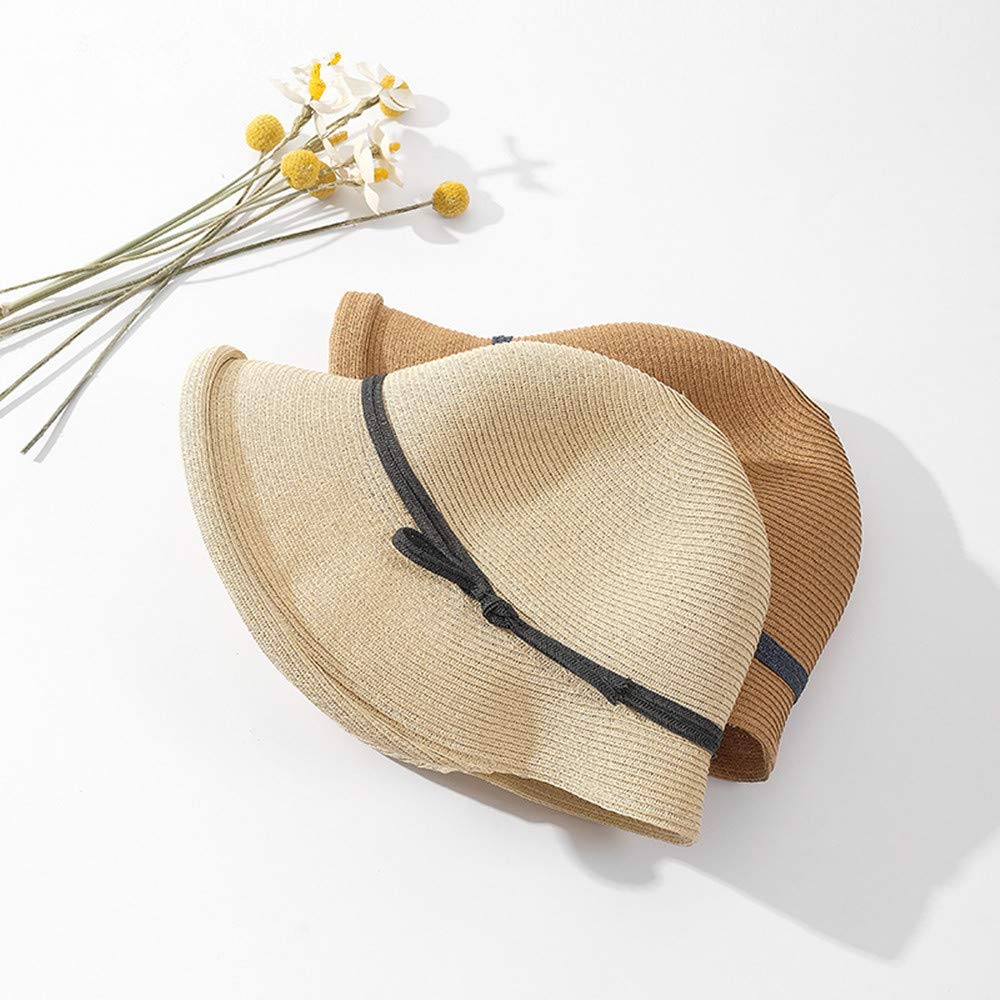 Womens Wide Brim Sun Hat,Elegant Structured Curved Fedora Floppy Beach Straw Hat, UPF50+ Beige