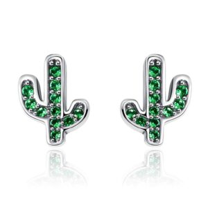 bisaer cactus 925 sterling silver stud earrings with green cubic zirconia, green plants post stud earring hypoallergenic jewelry for women