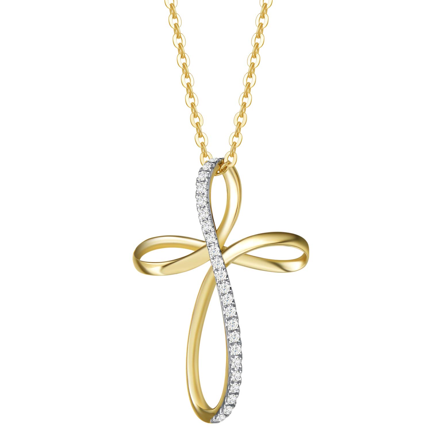 Carleen 14K Solid Yellow Gold 0.115CTTW Genuine Diamond Pave Cross Pendant Silky Infinity Ribbon Design Dainty Fine Delicate Necklace Jewelry Holiday Mother's Day Gifts for Women, 16+2 INCH