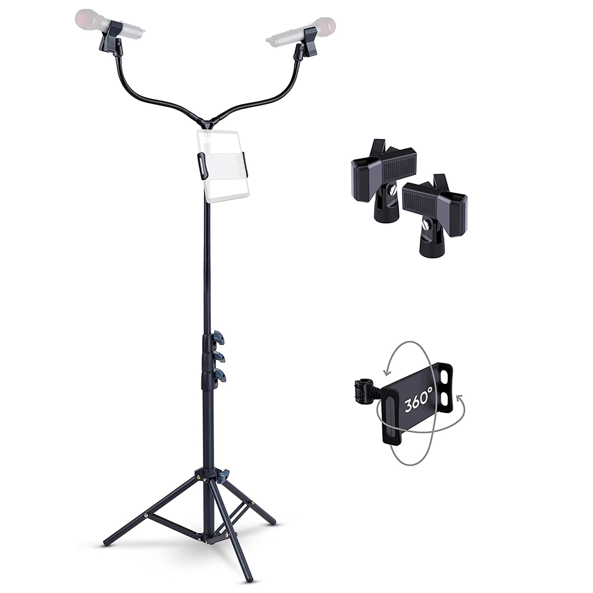 MASINGO Double Microphone Stand – Adjustable from 2.4ft to 6ft Inches High – with Two Bendable Arms and Smart Device Holder – Stand Up Tripod Base (Black) 2022 Model