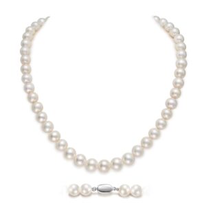 sweetv 8.0-8.5mm pearl necklace for women round white pearl strand necklaces in 18" princess length sterling silver pearl necklace for anniversary mother's day