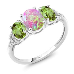 Gem Stone King 10K White Gold Oval Cabochon Pink Simulated Opal Green Peridot and Diamond Engagement Ring For Women (1.65 Cttw, Available In Size 5, 6, 7, 8, 9)