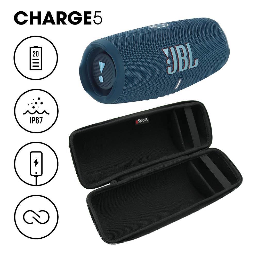 JBL Charge 5 Waterproof Portable Speaker with Built in Powerbank and gSport Carbon Fiber Case (Blue)