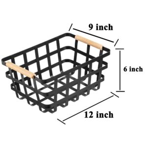 Black Farmhouse Baskets Pantry Baskets with Wooden Handles Storage Organizer Farmhouse Baskets, Freezer Baskets Household Refrigerator for Cabinets, Pantry, Closets, Bedrooms, kitchen