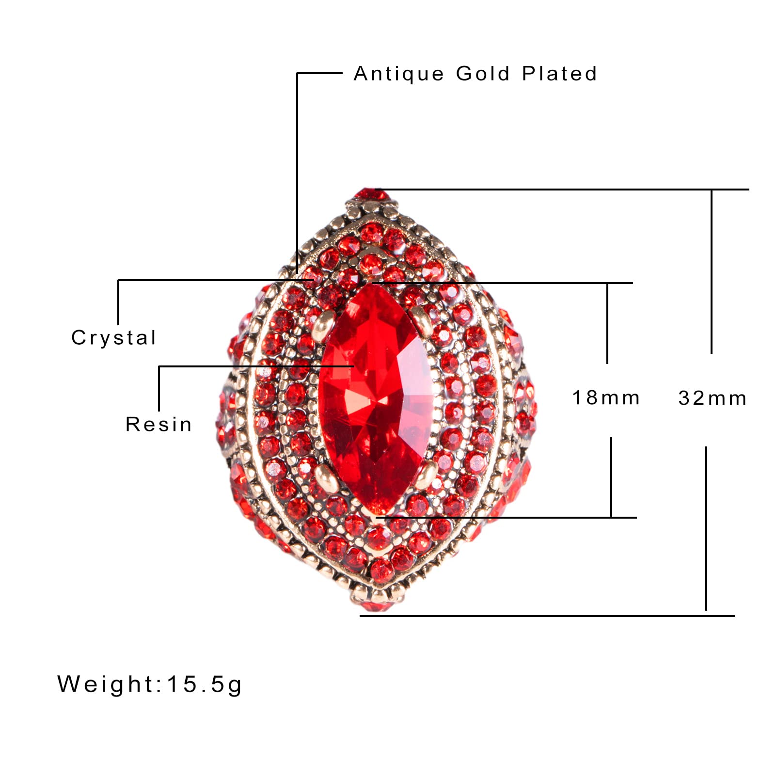 CKHAO Women Ring - Big Size Antique Gold Plated Turkish Style Red Gemstone Vintage Ring Women Jewelry J0769RED (8)