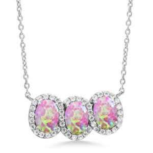 Gem Stone King 2.34 Ct Oval Cabochon Pink Simulated Opal 925 Sterling Silver 18 Inches 3-Stone Necklace