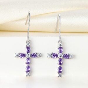 YL Cross Earrings 925 Sterling Silver Halo Dangle Earrings Created Amethyst Religious Jewelry Christian Baptism Gifts