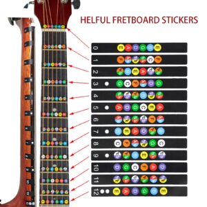 2 PCs Self Adhesive Guitar Fretboard Stickers & 6 Picks - Color Coded Note Decals Fingerboard Frets - Best Guitar learning Tools for Beginner Learner