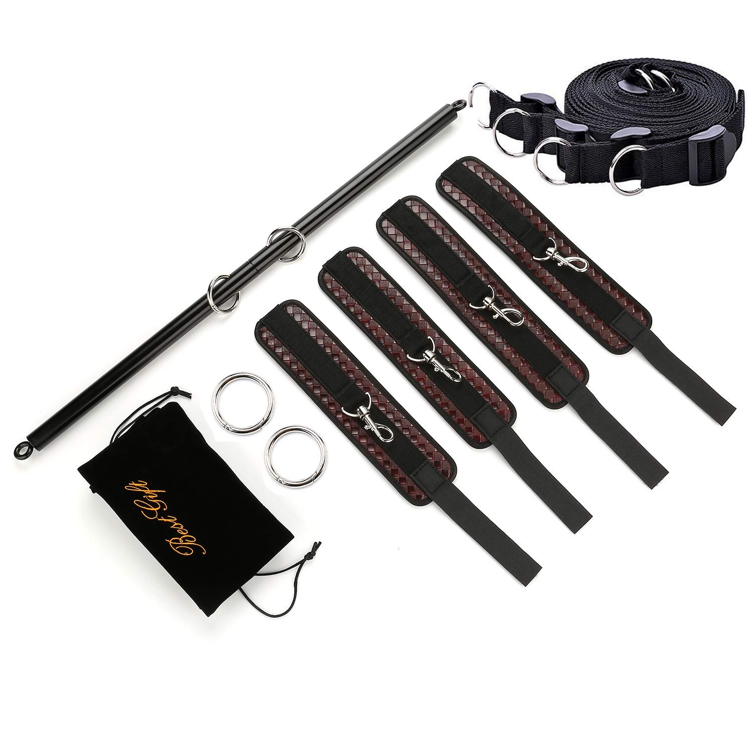 EXREIZST Black Adjustable Expandable Spreader Bar Set and 4 Brown Fur Leather Straps with Nylon Bands Sports Exercise Fitness Training Kit