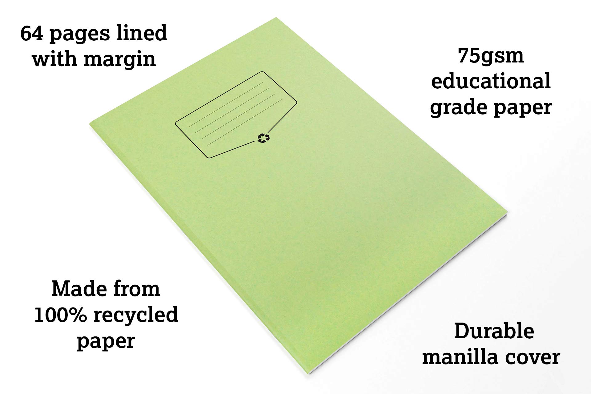 Silvine A4 Recycled Exercise Book - Lined With Margin (64 Pages) Green [Pack of 10]