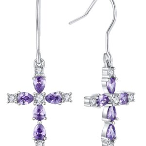 YL Cross Earrings 925 Sterling Silver Halo Dangle Earrings Created Amethyst Religious Jewelry Christian Baptism Gifts