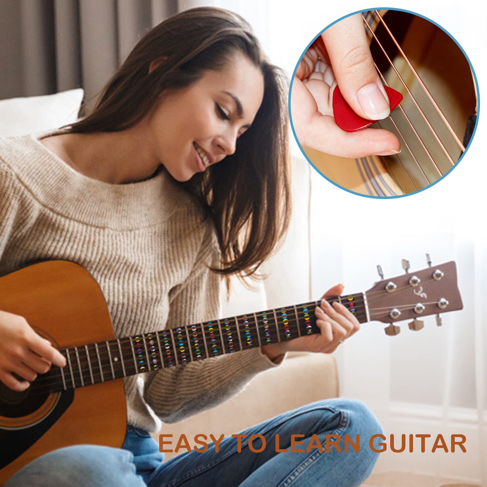 2 PCs Self Adhesive Guitar Fretboard Stickers & 6 Picks - Color Coded Note Decals Fingerboard Frets - Best Guitar learning Tools for Beginner Learner