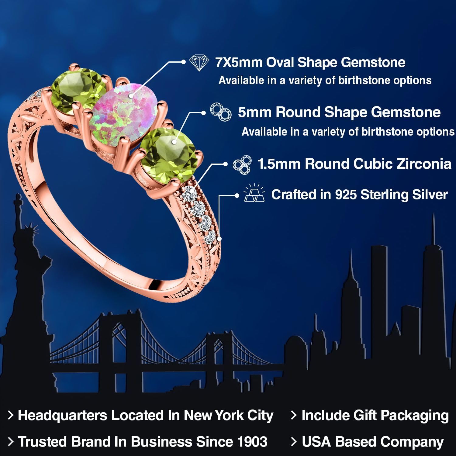 Gem Stone King 1.85 Ct Oval Cabochon Pink Simulated Opal Green Peridot 18K Rose Gold Plated Silver Ring (Size 9)