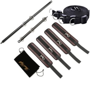 EXREIZST 2 Black Spreader Bar and 4 Brown Fur Leather Straps with Nylon Belts Expandable Adjustable Exercise Sports Training Set