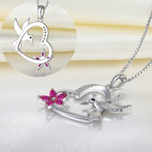 YL Hummingbird Necklace 925 Sterling Silver Heart Pendant Created Ruby Flower Jewelry for Women