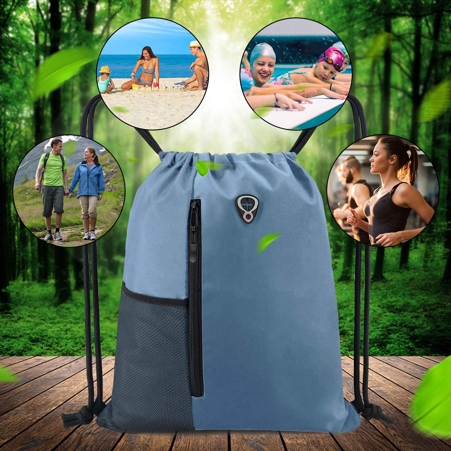 BeeGreen Blue Drawstrings Backpack Gym Sack For Men With Water Bottle Pocket &Front Zippered Pocket Large Sting Bags For WomenTraveling Yoga Beach Outdoor Gym