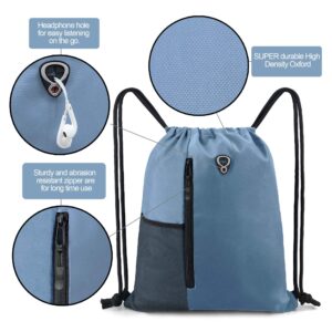 BeeGreen Blue Drawstrings Backpack Gym Sack For Men With Water Bottle Pocket &Front Zippered Pocket Large Sting Bags For WomenTraveling Yoga Beach Outdoor Gym