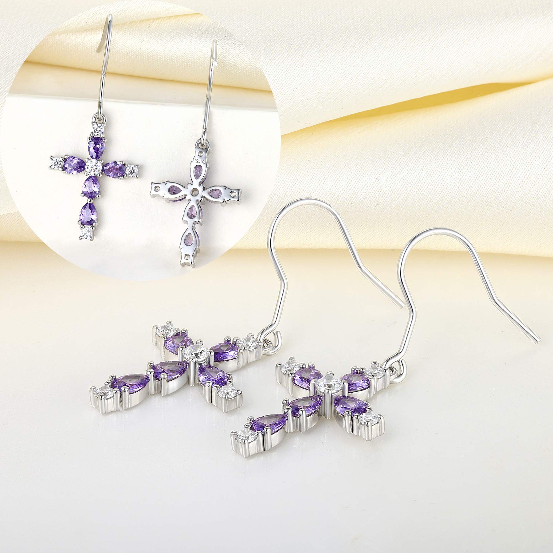 YL Cross Earrings 925 Sterling Silver Halo Dangle Earrings Created Amethyst Religious Jewelry Christian Baptism Gifts