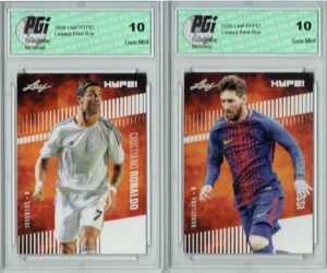 2) cristiano ronaldo 2020 leaf hype! #47 & lionel messi #46 sp card lot pgi 10